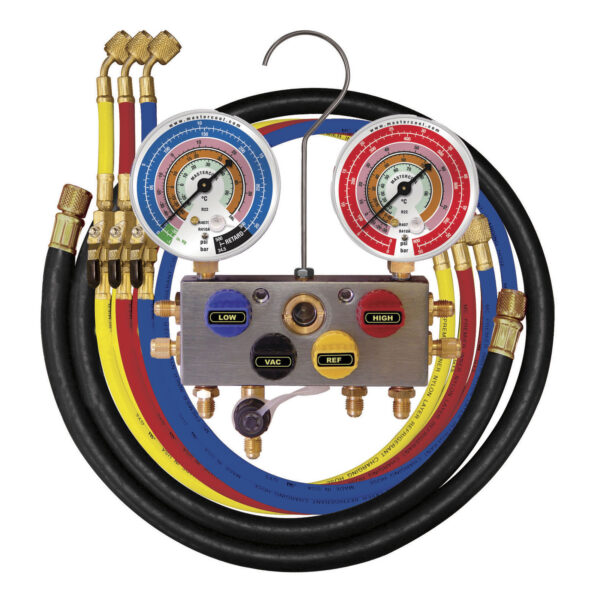Mastercool – MC96261-EBA1-G-JT – 4-Way Aluminum Manifold Gauges with 3 x 150cm Hoses
